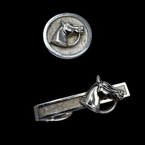 Vintage Silver Tone Horse Head Tie Clip & Single Cufflink Equestrian Set EUC